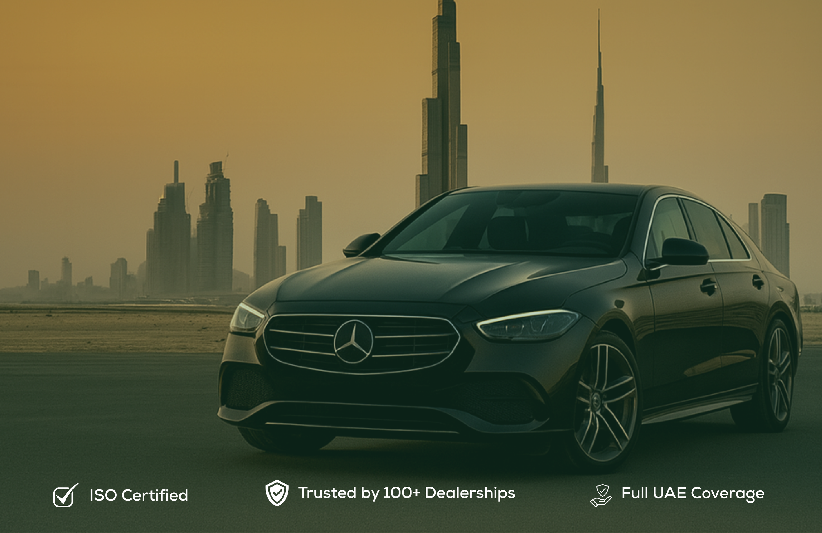 Car with a Dubai skyline in the background. ISO Certified. Trusted by 100+ Dealerships. Full UAE Coverage.