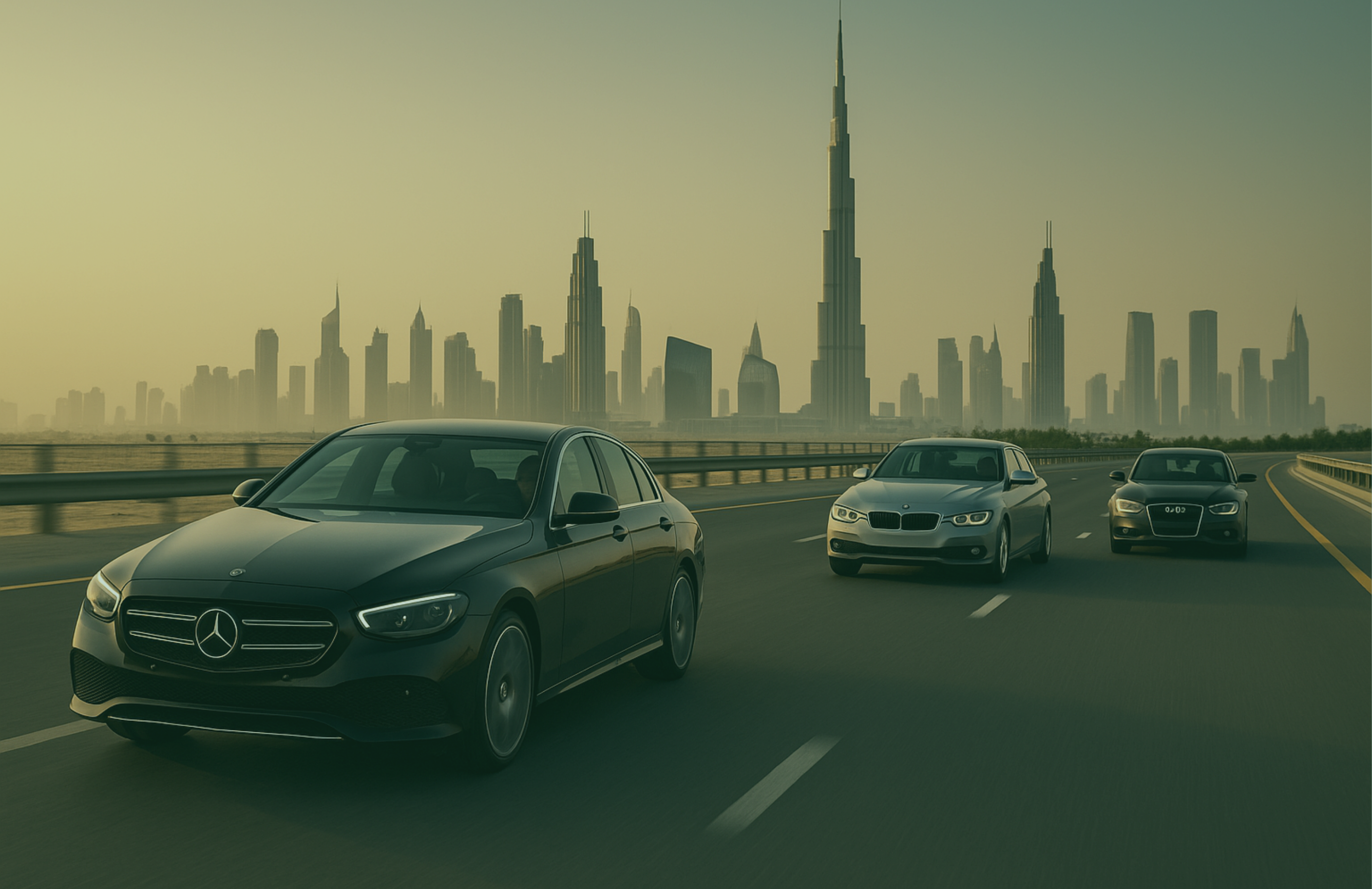 Three cars on a road with a Dubai skyline in the background